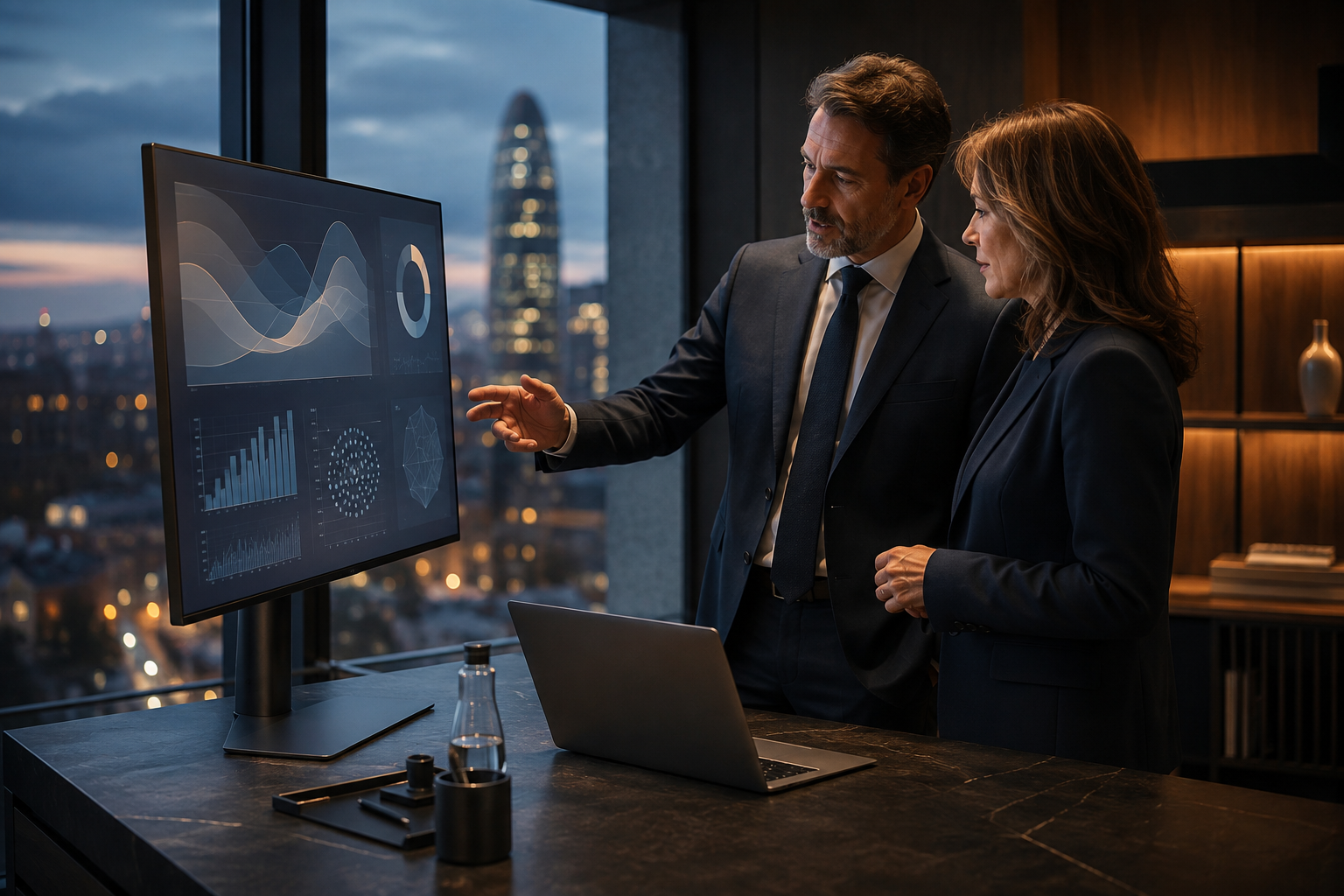Consultor i professional financer explorant dades d’empresa
